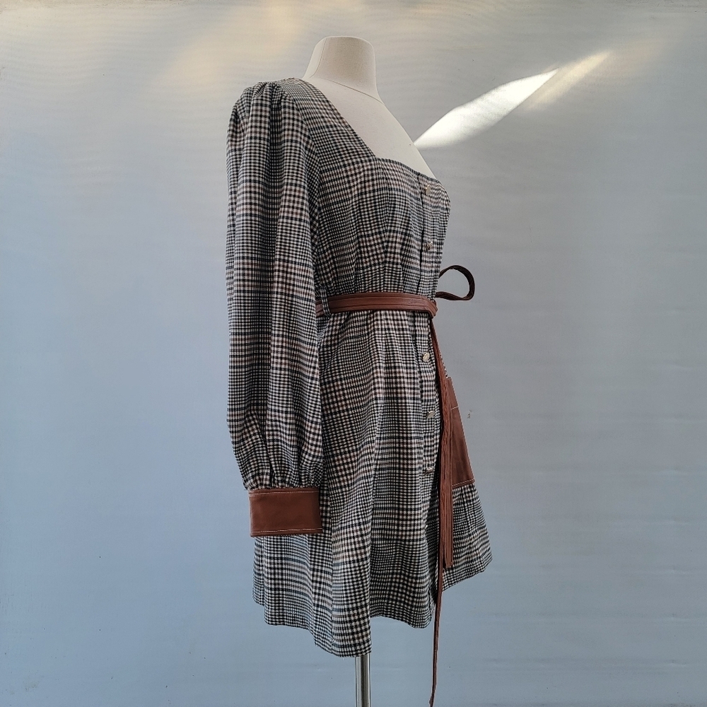 STAUD Plaid Mini Dress Size 8 Glen Check Gray Brown Faux Leather Minimalist Boho - Picture 6 of 16